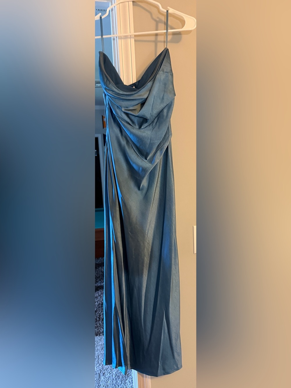 Satin Strapless Slip Dress in Slate Blue